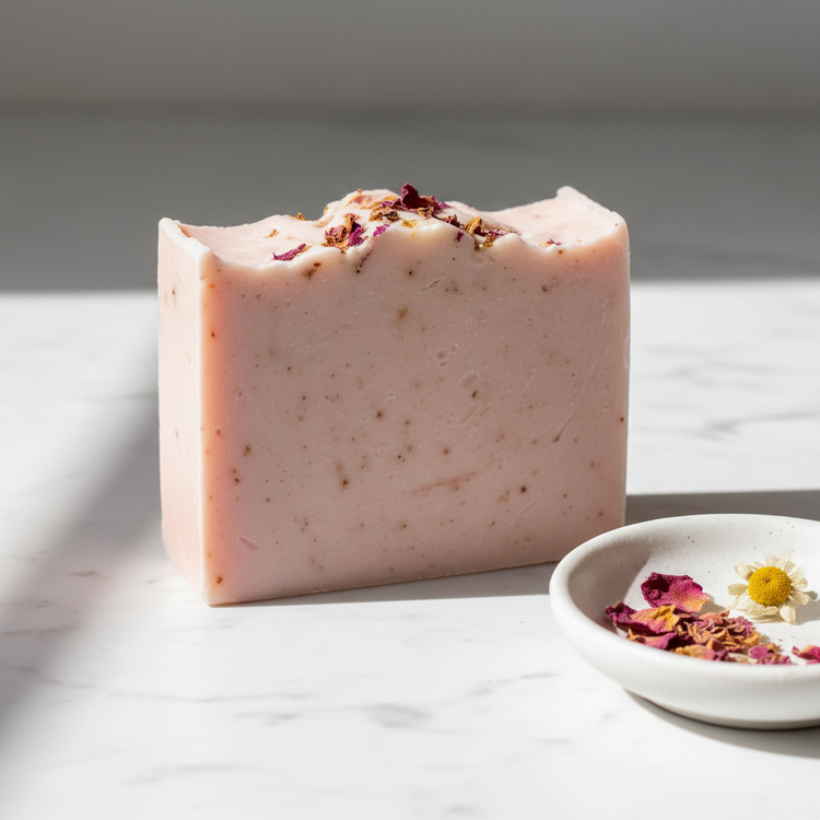 Bar of pink soap topped with dried flowers