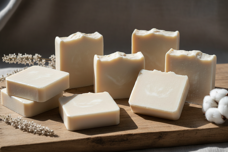 Eight bars of cream colored soap on wooden surface