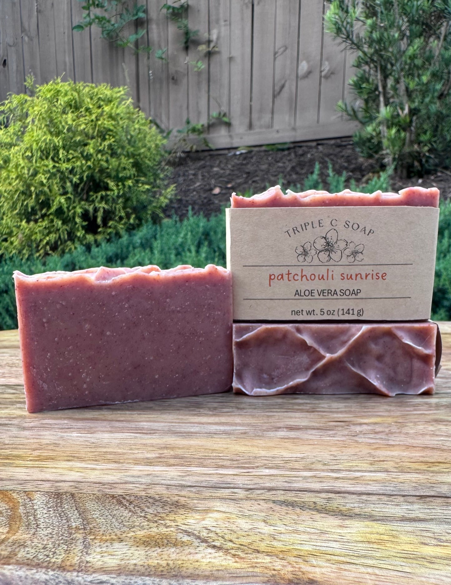 Three bars of patchouli sunrise aloe vera soap