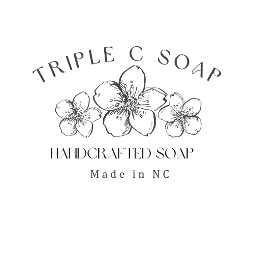 Logo for Triple C Soap with hand-drawn flowers on a white background