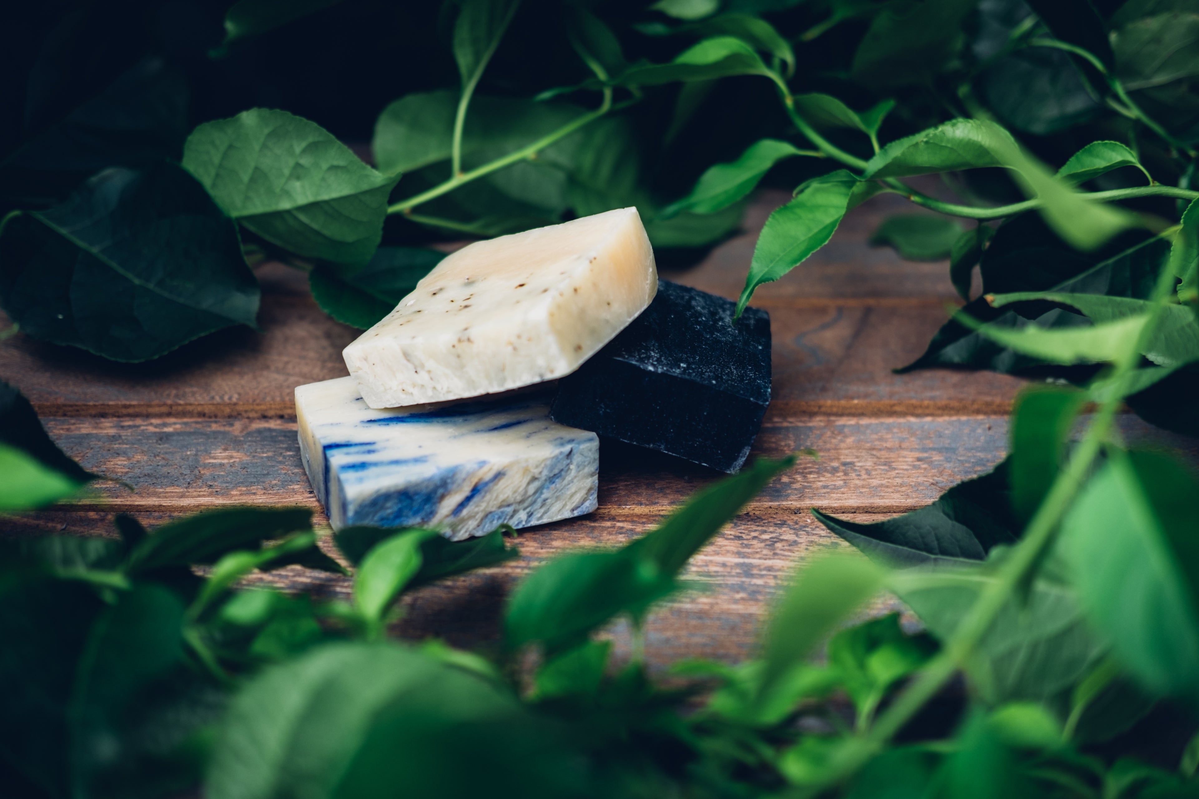 Three bars of soap on wooden surface with green vines around the soap